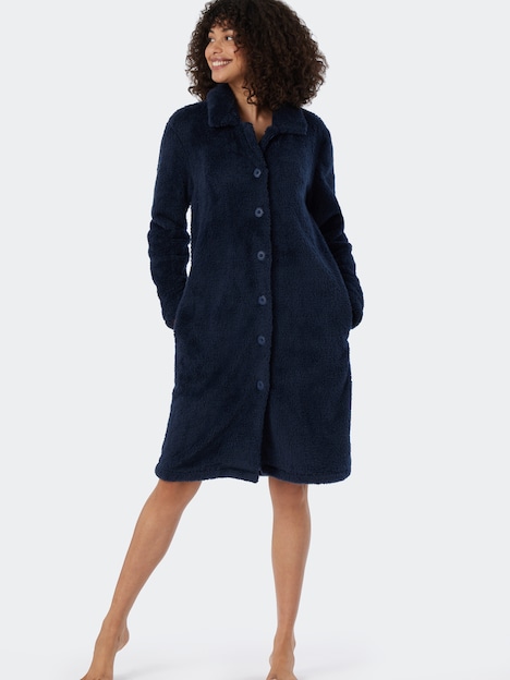 Schiesser Damen Bademantel Teddy Fleece - dunkelblau