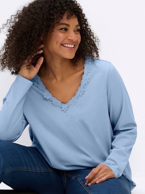 Langarm-Shirt Langarmshirt mit dekorativem V-Ausschnitt Langarm Ohne Kragen
