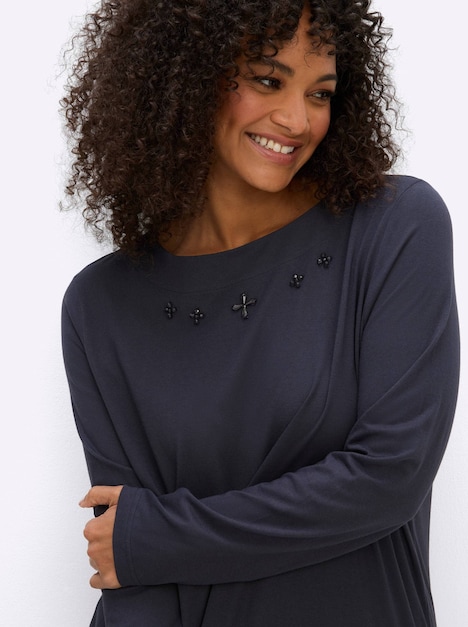 Langarm-Shirt Langarmshirt mit Zierperlen am Ausschnitt Langarm