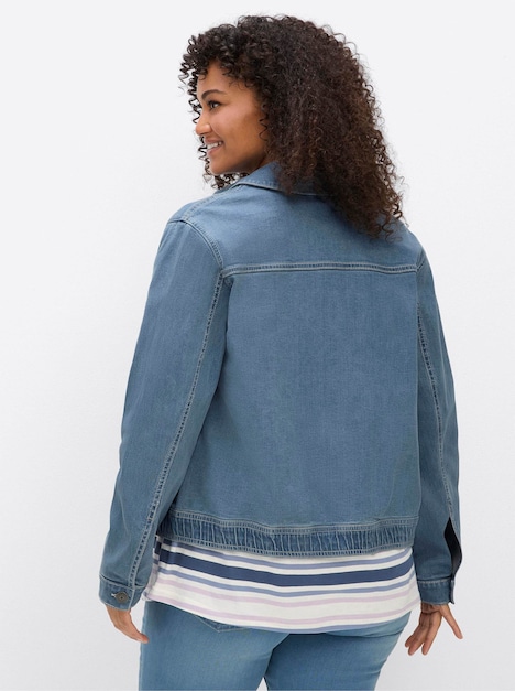 Jeans-Jacke Jeansjacke mit Used-Effekten Langarm Rundumdehnbund Umlegekragen