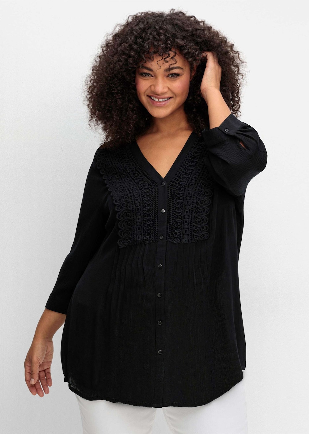 Longbluse 3/4-Arm Uni Ohne Kragen