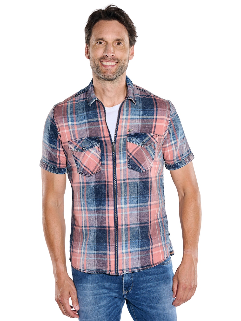 Herren Kurzarm-Overshirt mit Vintage-Effekt , Hellorange