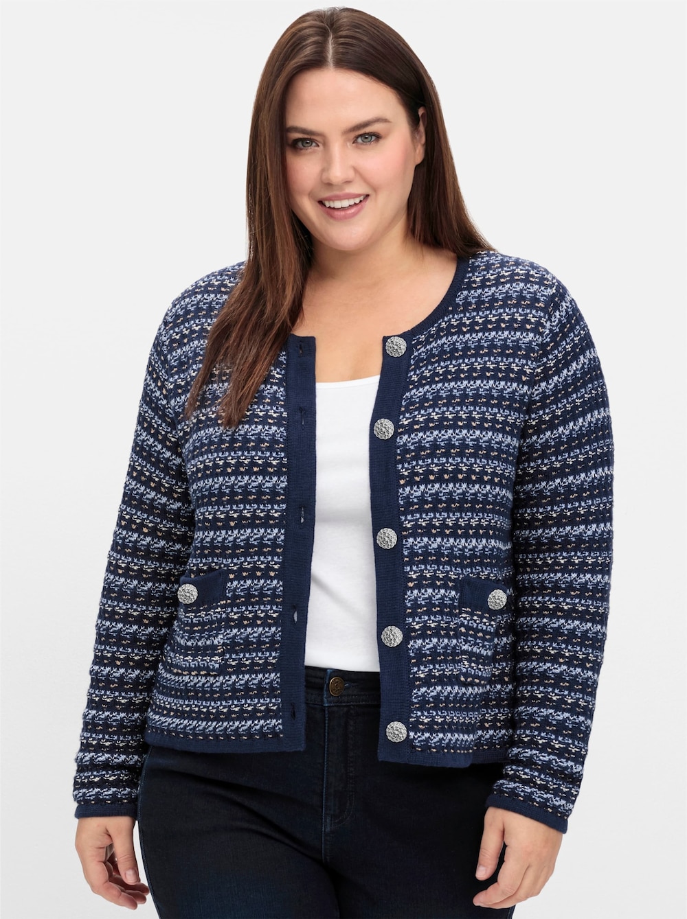 Strickjacke Langarm Grobstrick, Struktur, Mustermix gestrickt Streifen Ohne Kragen
