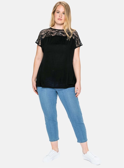Spitzenshirt Kurzarm Uni Ohne Kragen
