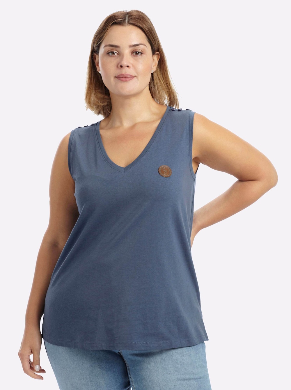 Top Shirttop mit Lederimitat-Applikation vorn Ärmellos Ohne Kragen