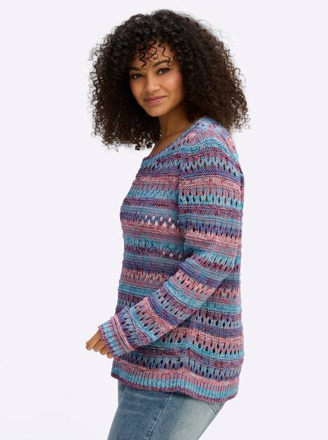 Langarm-Pullover Langarm Grobstrick, Häkeloptik Ohne Kragen