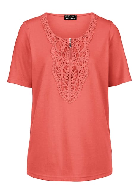 Rundhalsshirt mit Häkelspitze