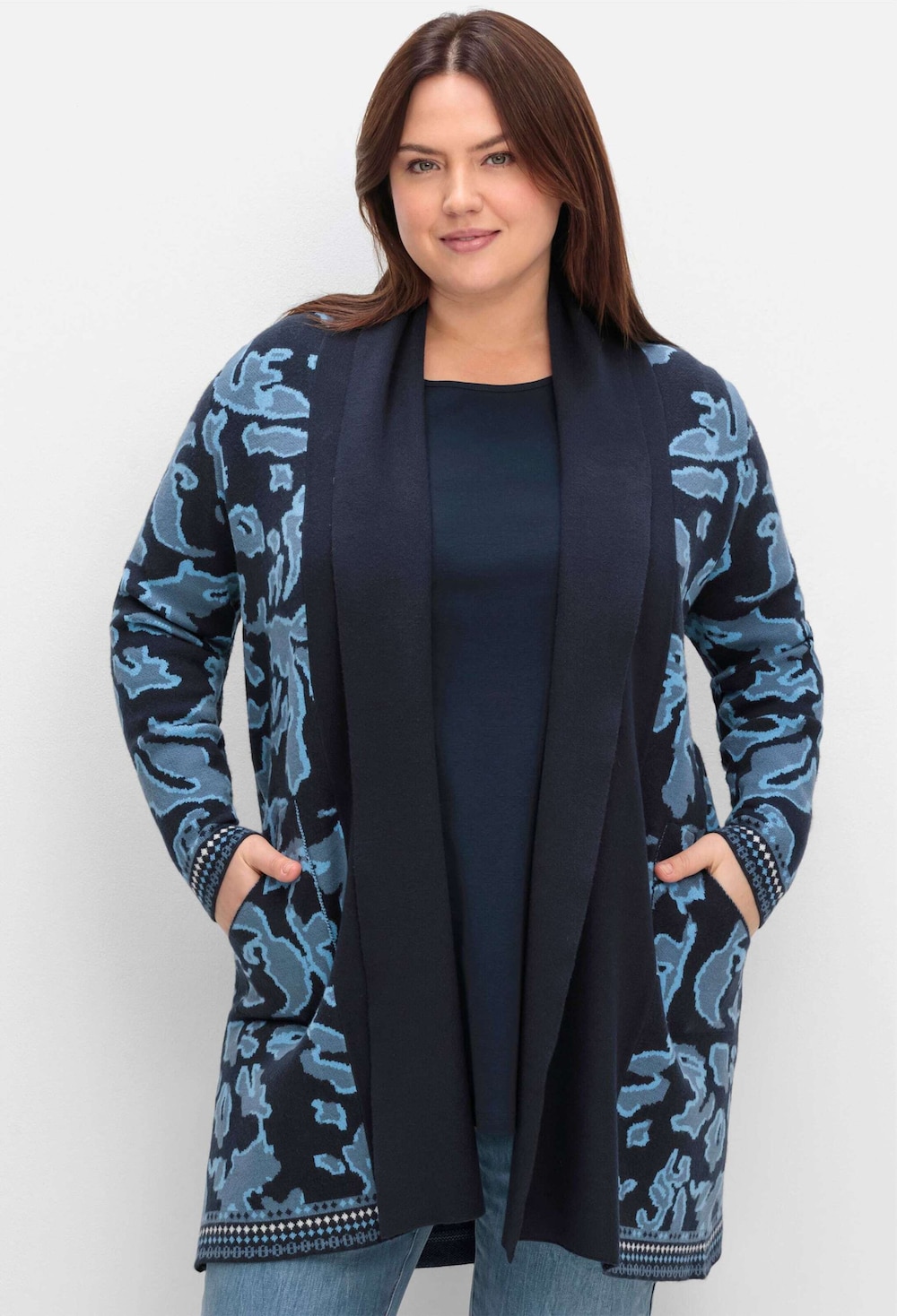 Longstrickjacke Langarm Jacquard Mehrfarbig Schalkragen