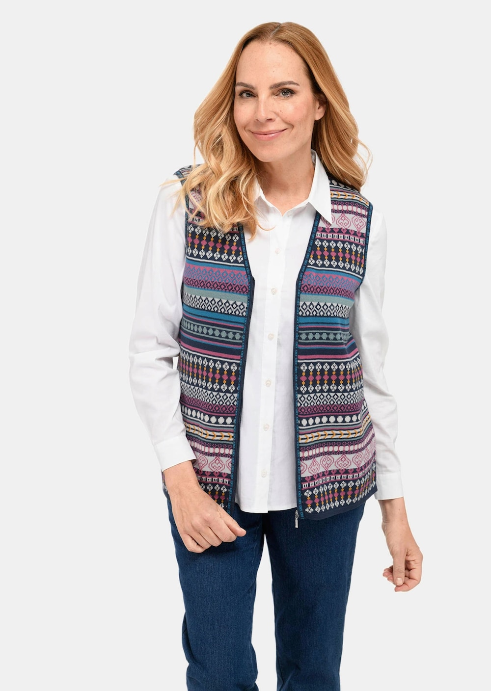 Weste Kurzgröße - Jacquardstrickweste mit farbenfrohem Ringelmuster