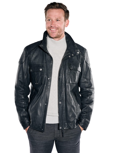 Herren Lederjacke mit herausnehmbarem Inlet , Schwarz