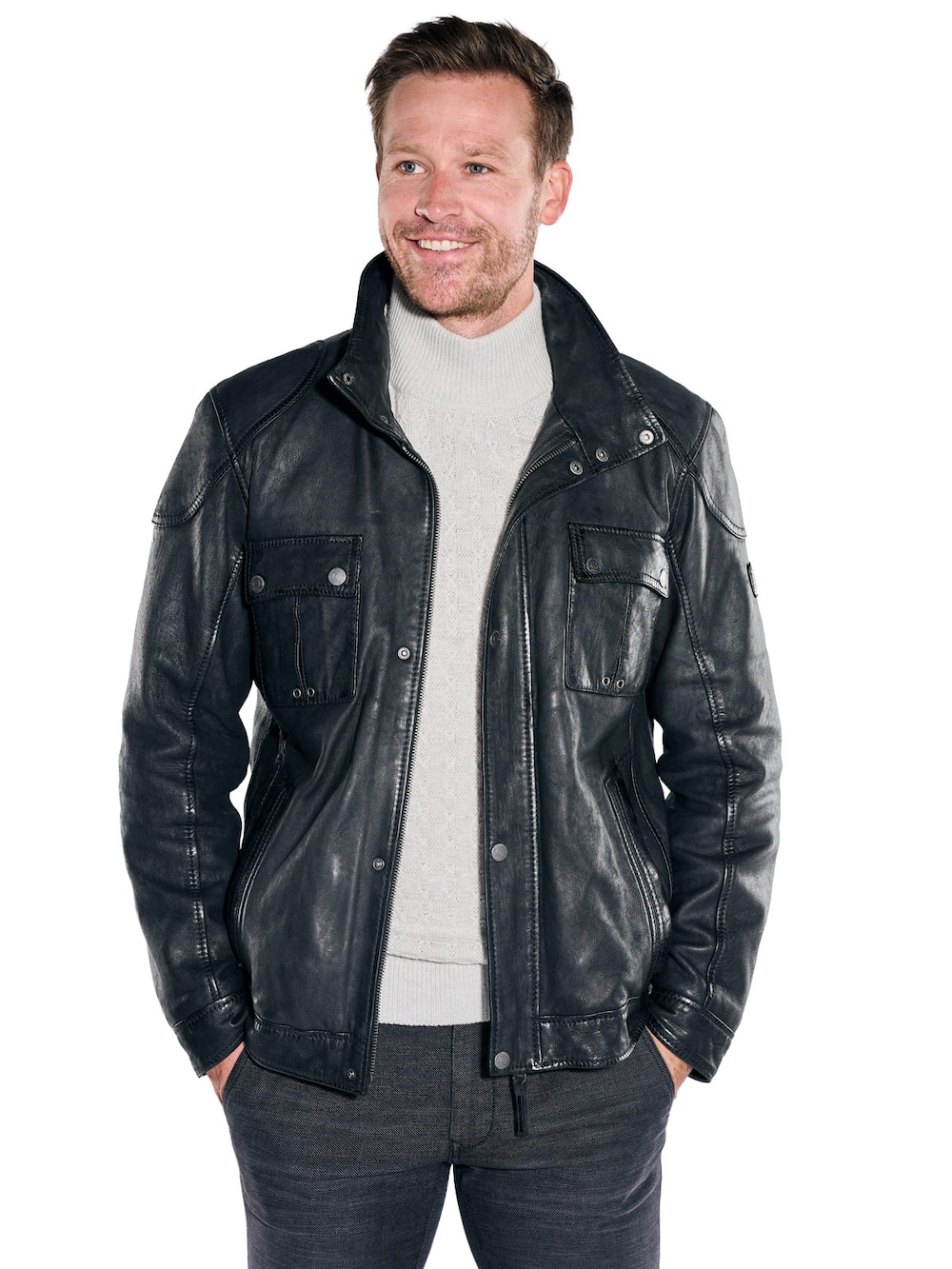 Herren Lederjacke mit herausnehmbarem Inlet , Schwarz