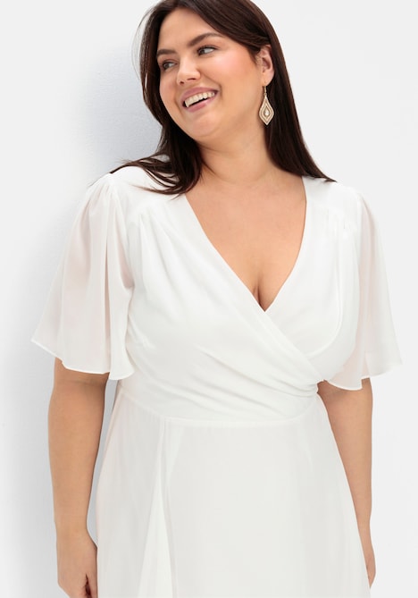 Chiffonkleid Kurzarm Uni Ohne Kragen