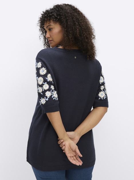 Kurzarm-Pullover Kurzarmpullover mit Blumenstickereien Kurzarm