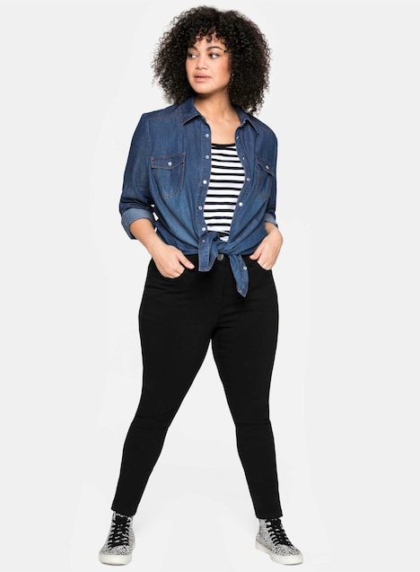 Jeansbluse Jeansbluse mit Druckknöpfen Langarm Uni Hemdkragen