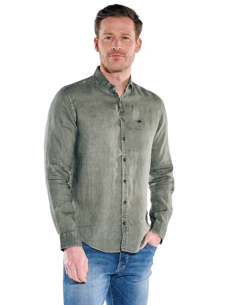 Herren Leinenhemd mit gewaschener Optik , Khaki