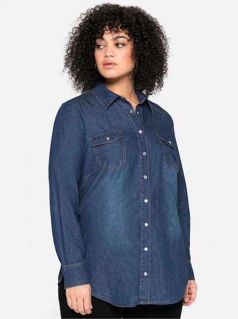 Jeansbluse Jeansbluse mit Druckknöpfen Langarm Uni Hemdkragen