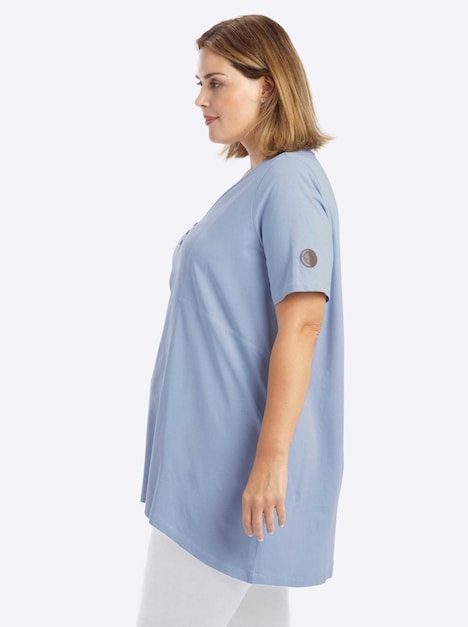 Halbarmshirt Longshirt mit gerundetem Saum Kurzarm