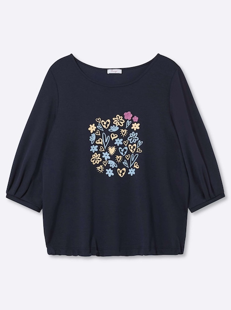 Sweatshirt Sweatshirt mit Frontprint und Häkelblumen 3/4-Arm Ohne Kragen