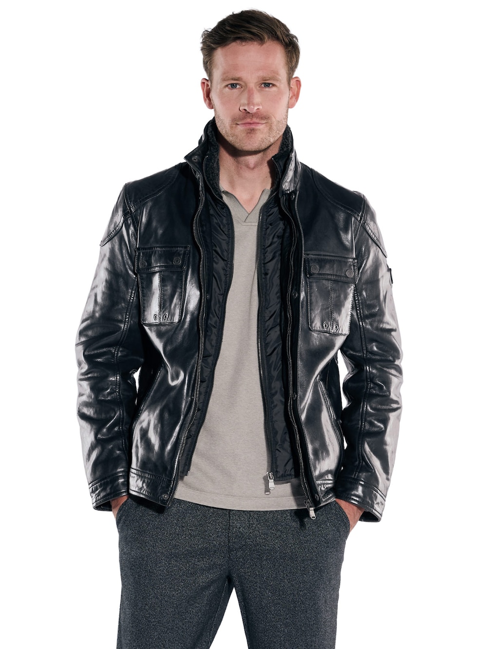 engbers Herren Lederjacke mit herautrennbarem Inlet , Schwarz