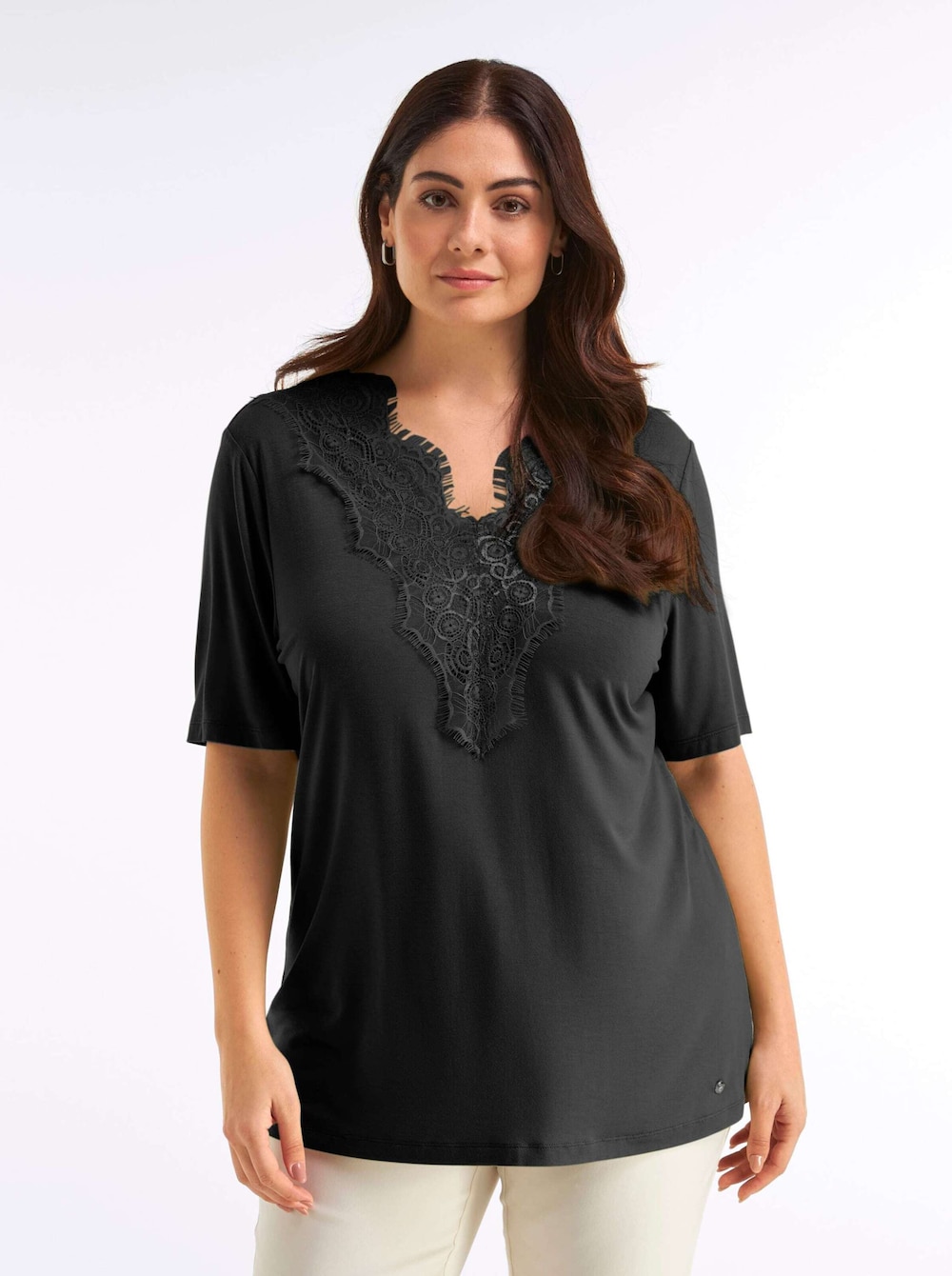 Halbarmshirt Spitzenshirt mit beidseitigem, tiefem V Kurzarm