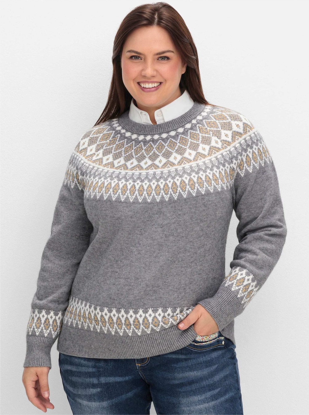 Strickpullover Langarm Mustermix gestrickt, Jacquard Norweger Ohne Kragen