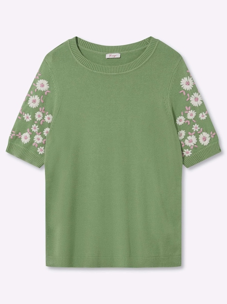 Kurzarm-Pullover Kurzarmpullover mit Blumenstickereien Kurzarm