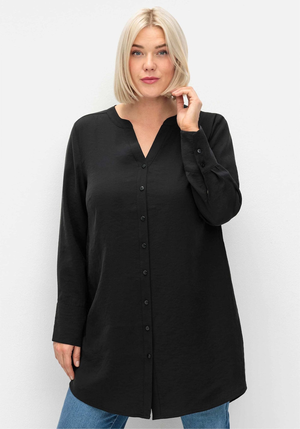 Longbluse Langarm Uni Ohne Kragen