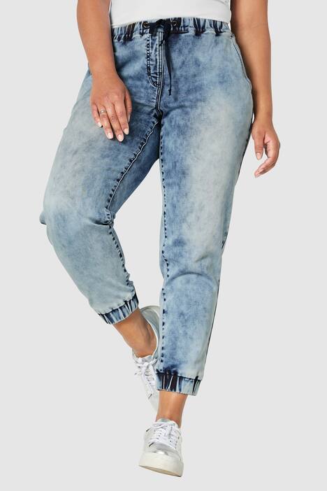 Denim-Joggpants, Karottenform, moon washed, Elastikbund