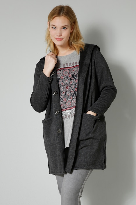 Long-Strickfleecejacke, Straight Fit, Kapuze, Druckknöpfe, Langarm