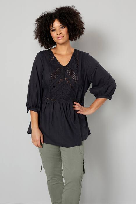 Tunika, Loch-Stickerei, V-Ausschnitt, 3/4-Ärmel
