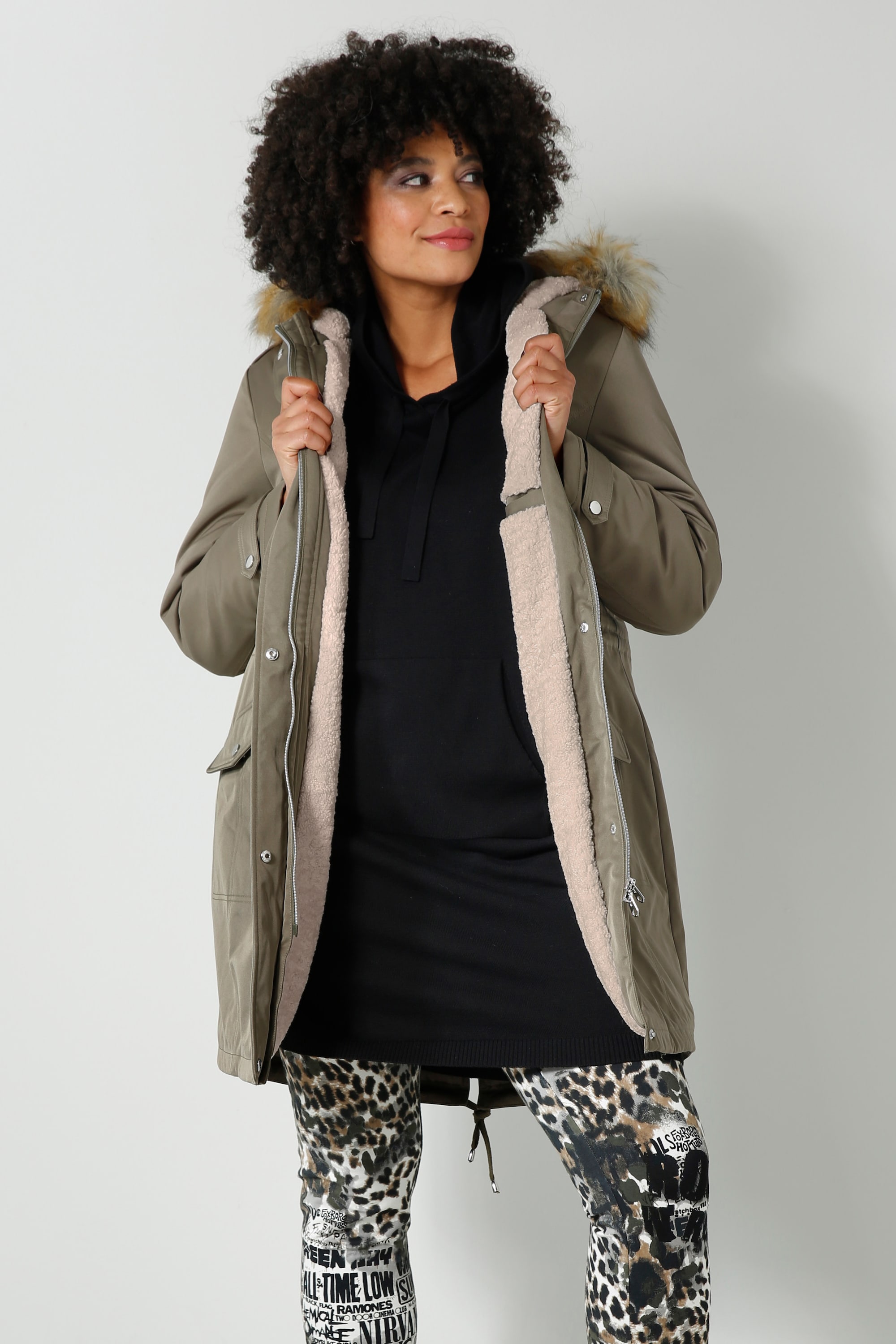 Angel of Style Damen große Größen Parka Straight Fit Teddyfutter Kapuze