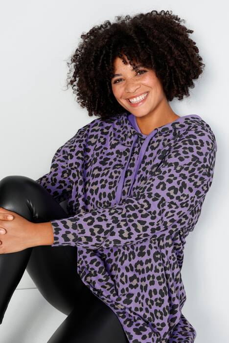 Long-Hoodie, oversized, Color-Leo, Kapuze, gerundeter Saum