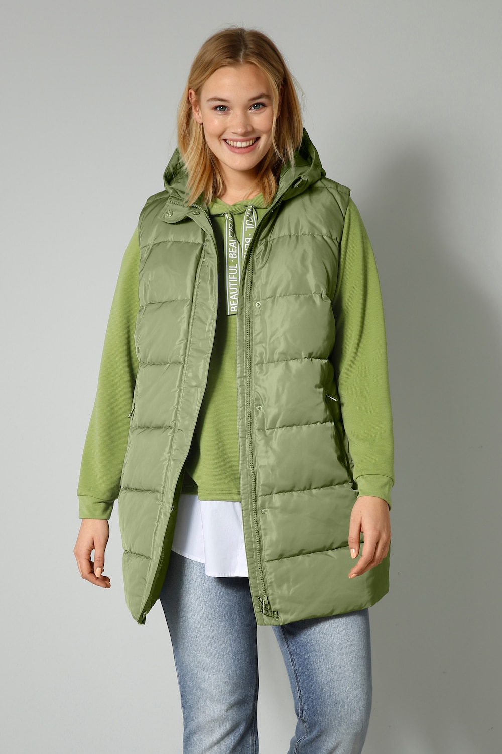 Long-Steppweste, Kapuze, verdeckter Zipper, 2 Taschen