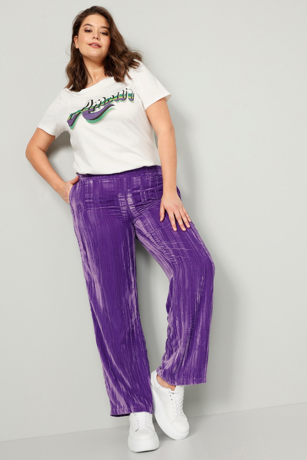 Fluwelen broek, straight fit, crash-look, elastische tailleband