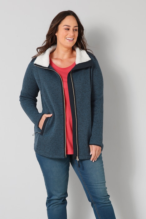 Jas van gebreide fleece, opstaande kraag met pluche voering, tweerichtingsrits, lange mouwen