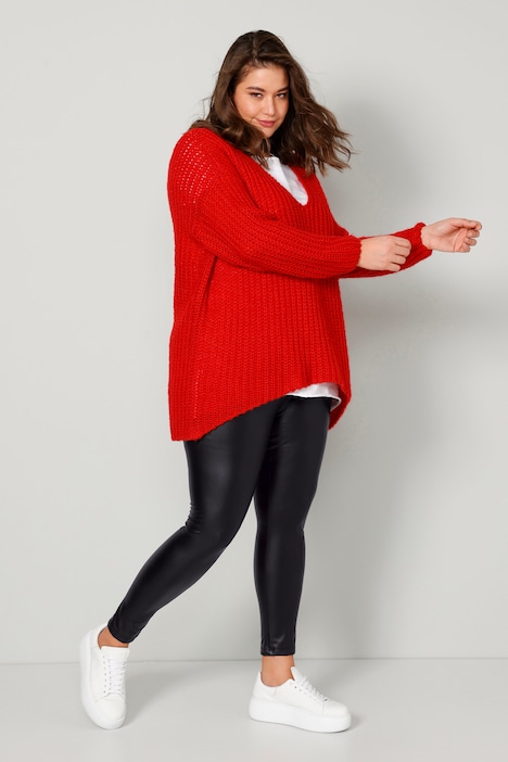 Long-Pullover, grob gestrickt, V-Ausschnitt, Langarm
