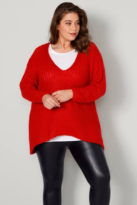 Long-Pullover, grob gestrickt, V-Ausschnitt, Langarm