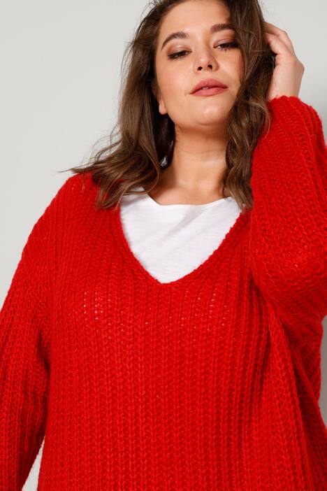Long-Pullover, grob gestrickt, V-Ausschnitt, Langarm