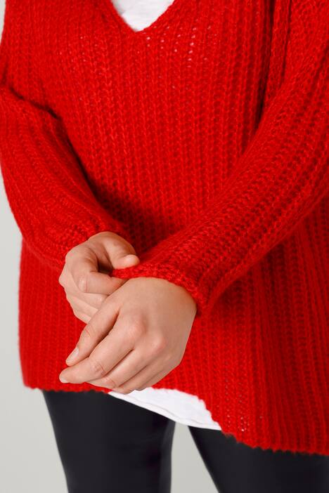Long-Pullover, grob gestrickt, V-Ausschnitt, Langarm