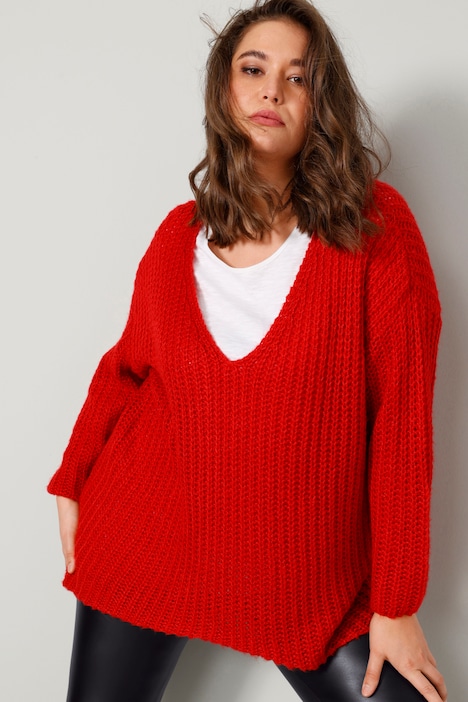 Long-Pullover, grob gestrickt, V-Ausschnitt, Langarm