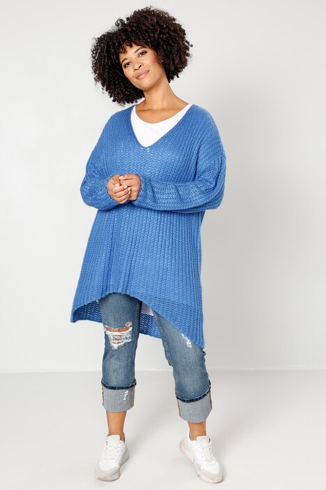 Long-Pullover, grob gestrickt, V-Ausschnitt, Langarm