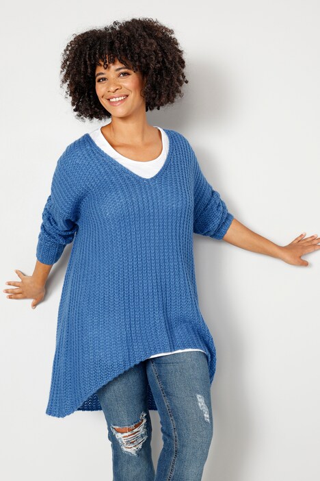 Long-Pullover, grob gestrickt, V-Ausschnitt, Langarm
