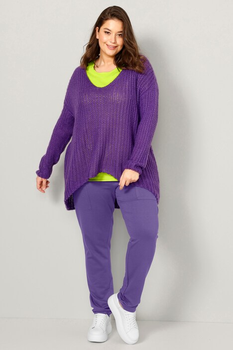 Long-Pullover, grob gestrickt, V-Ausschnitt, Langarm