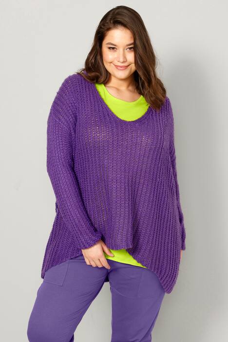 Long-Pullover, grob gestrickt, V-Ausschnitt, Langarm