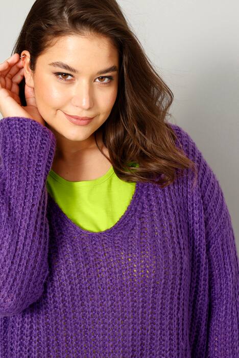 Long-Pullover, grob gestrickt, V-Ausschnitt, Langarm