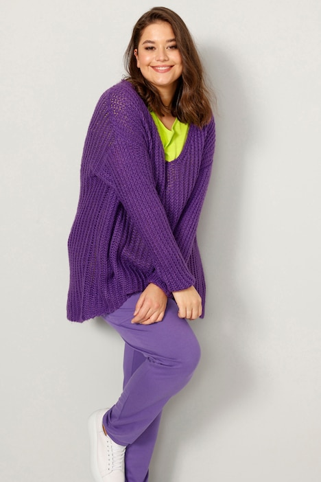 Long-Pullover, grob gestrickt, V-Ausschnitt, Langarm