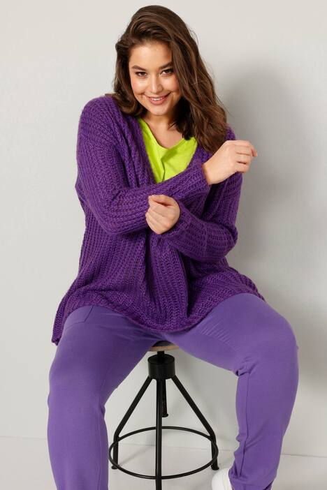 Long-Pullover, grob gestrickt, V-Ausschnitt, Langarm