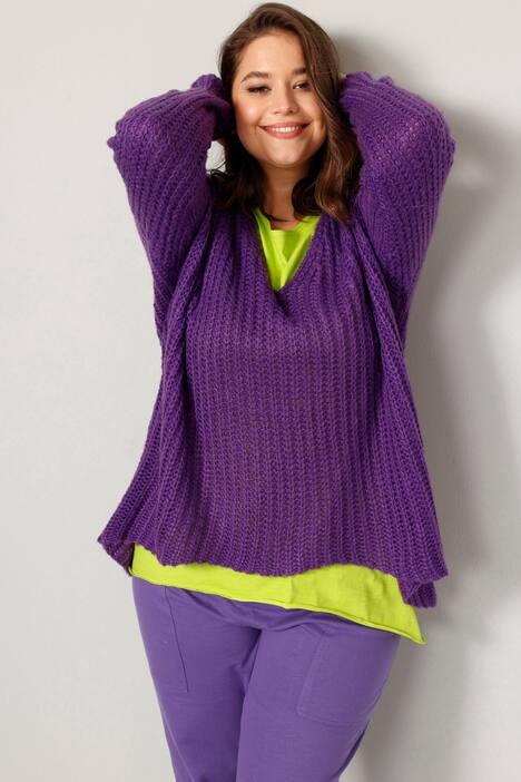 Long-Pullover, grob gestrickt, V-Ausschnitt, Langarm