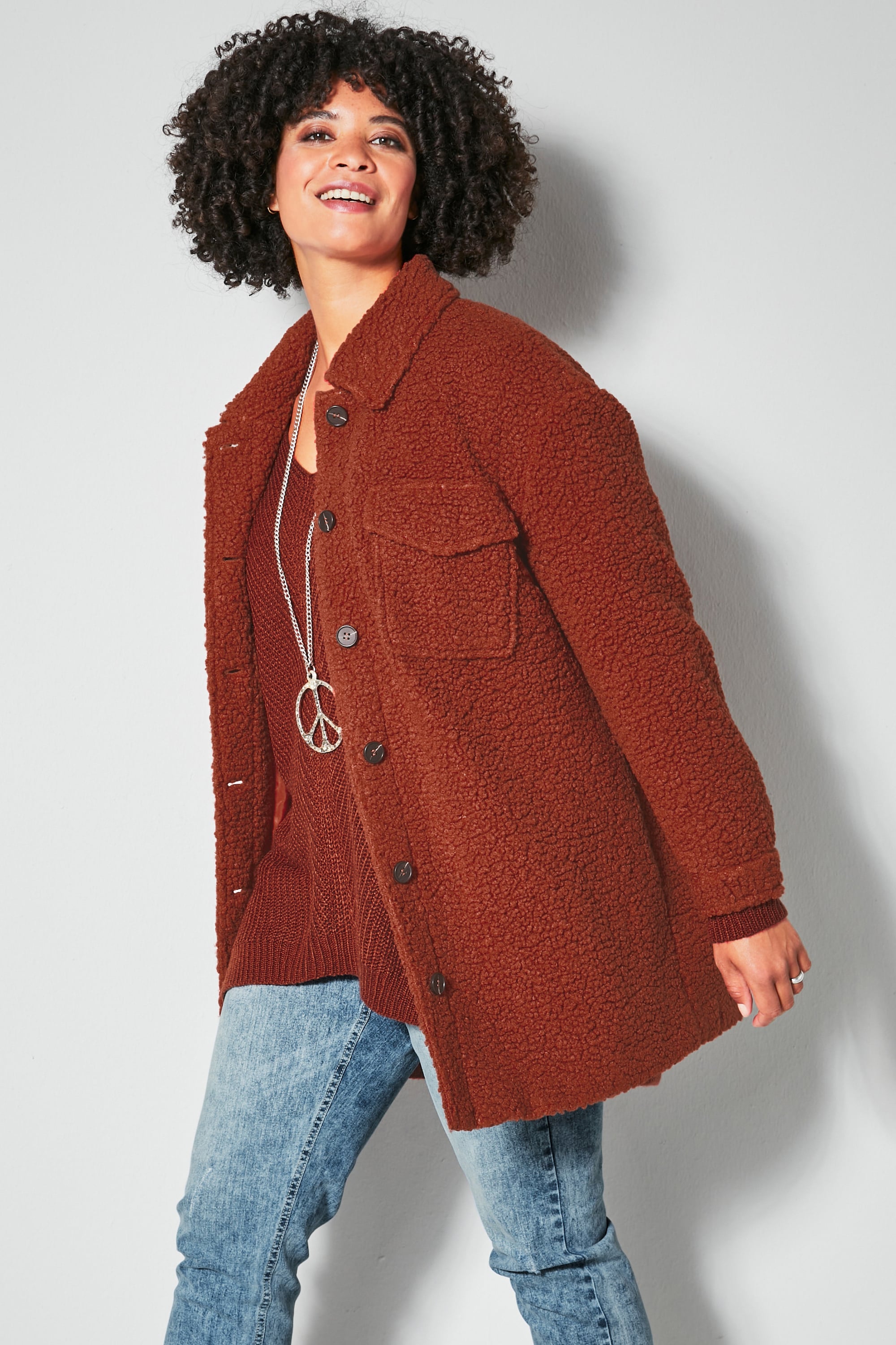 Angel of Style Damen große Größen Teddyjacke Overshirt Hemdkragen Langarm