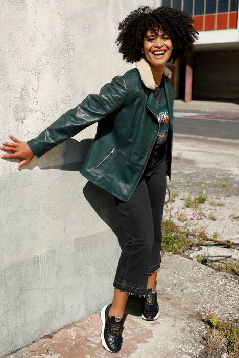 Biker-Lederjacke, echtes Leder, Kunstpelz-Kragen